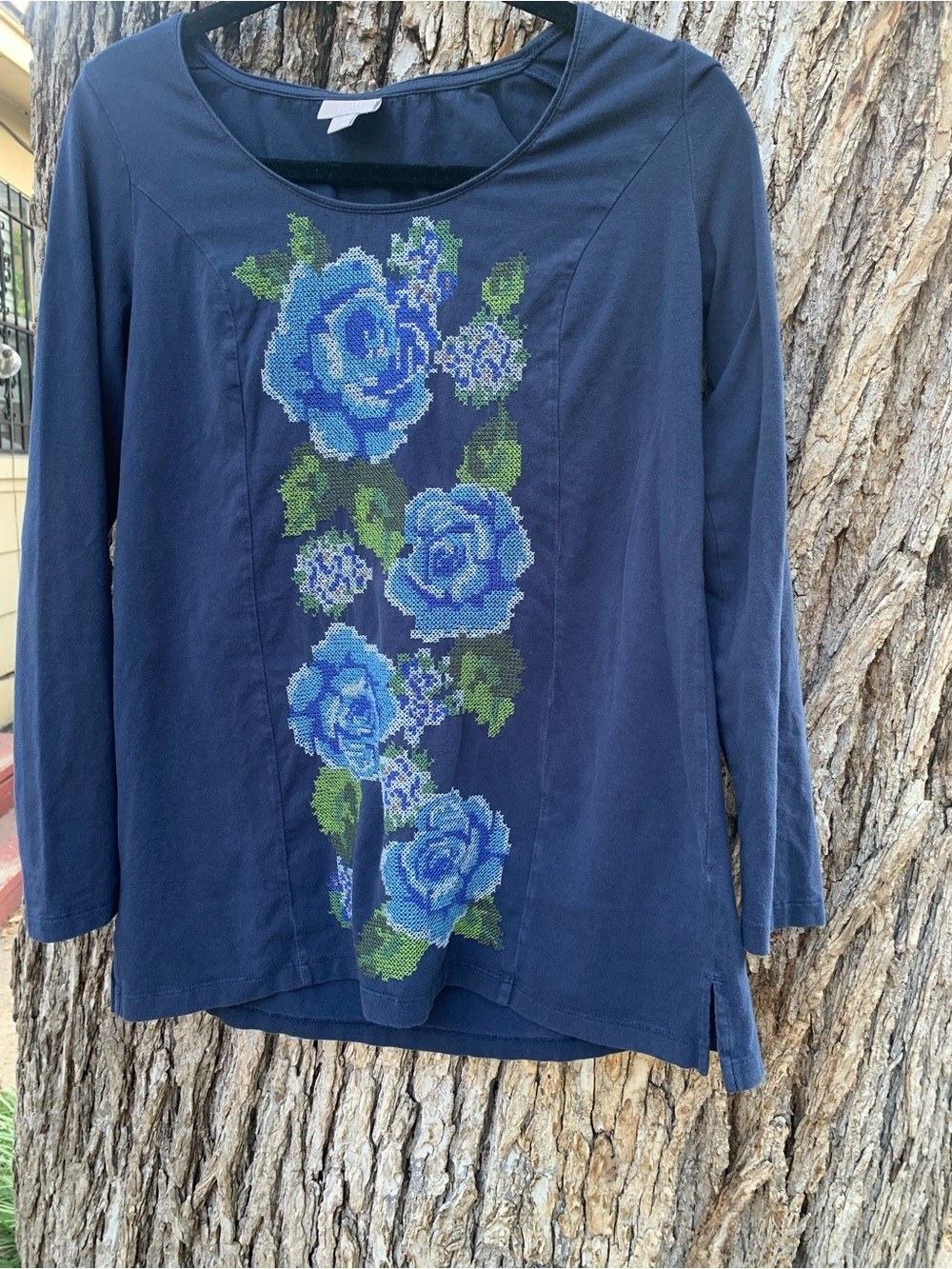 J. Jill Navy Long Sleeve Top with Blue Floral Embroidery